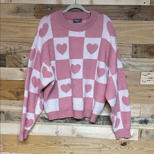 Sweet Lovely by Jen size Large Pink and White Checkered Heart Super Soft Sweater